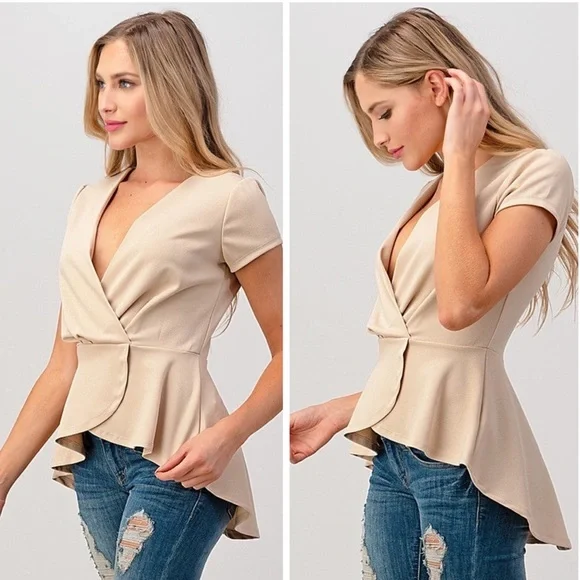 Beige Short Sleeve Blouse - Picture 2 of 5